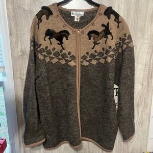 Lisa International Women's 2X Brown 100% boiled Wool Zip Front Sweater Cardigan